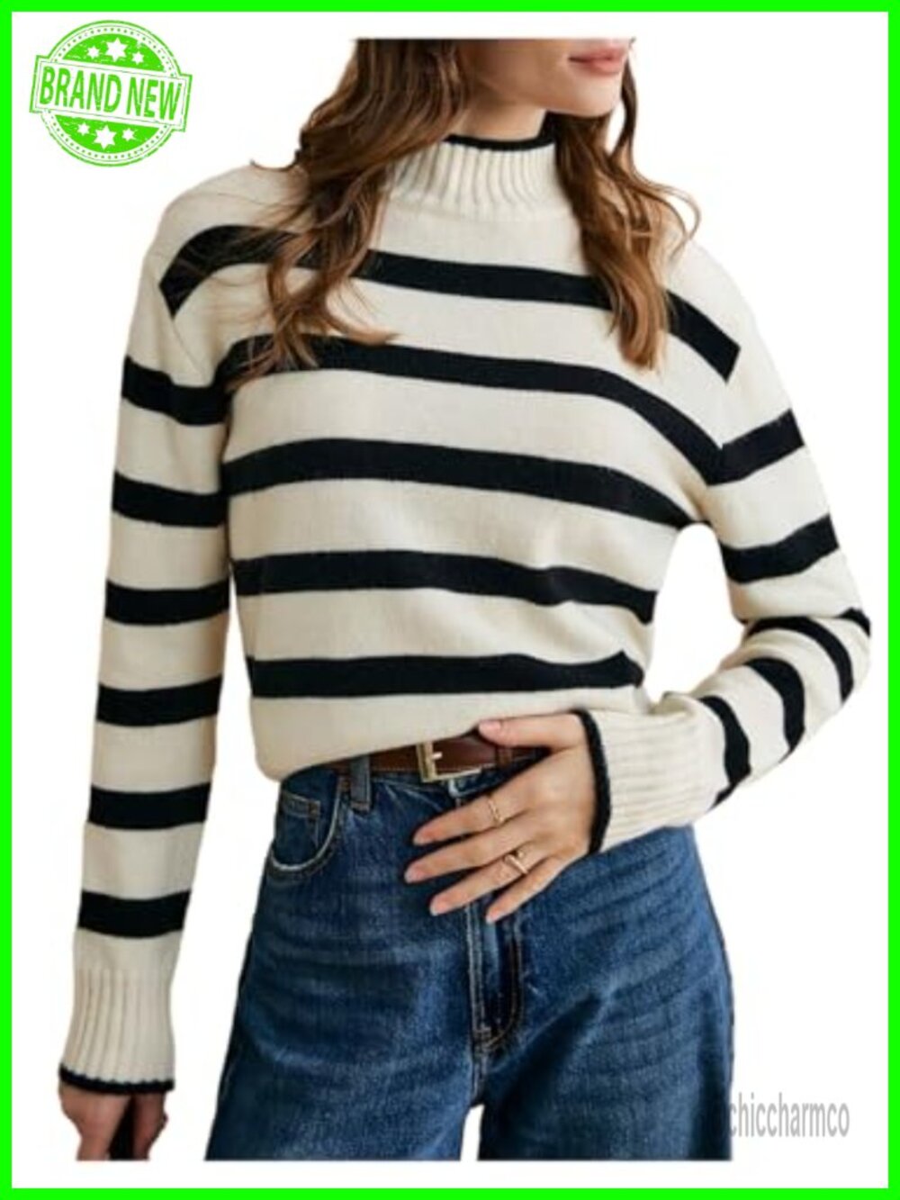 Striped Mock Neck Long Sleeve Knitted Sweater Pullover for Women